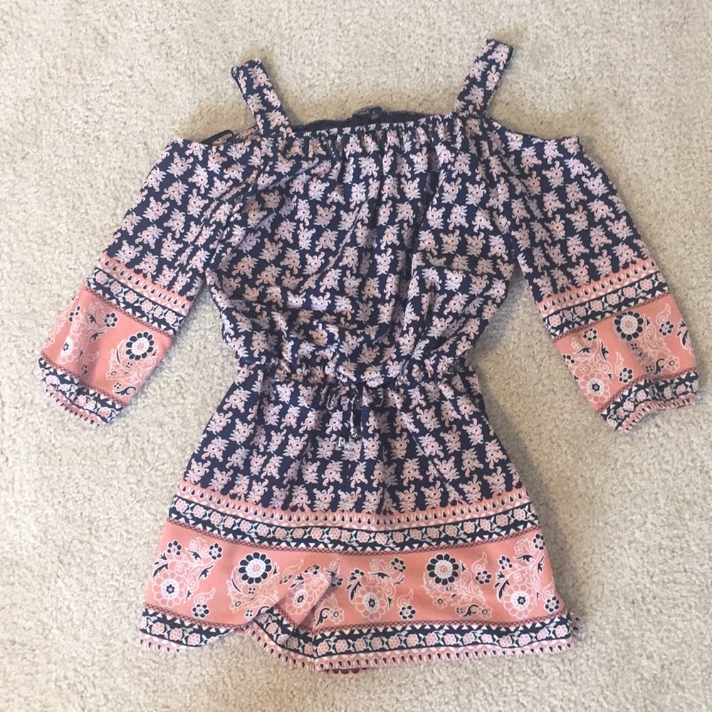 Sequin Hearts navy and coral romper